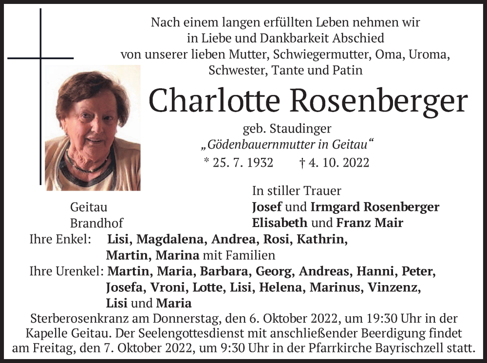  Traueranzeige für Charlotte Rosenberger vom 05.10.2022 aus merkurtz