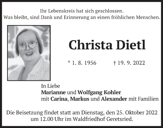 Traueranzeige von Christa Dietl von merkurtz