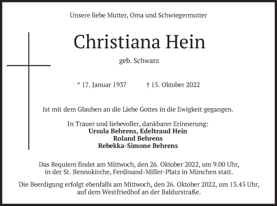 Traueranzeige von Christiana Hein von merkurtz