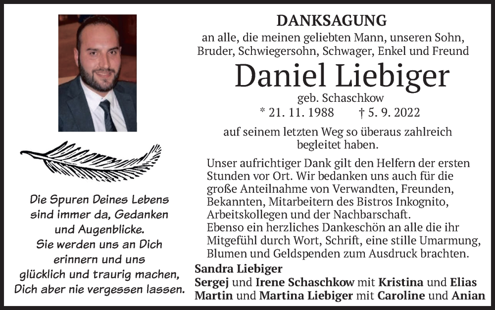  Traueranzeige für Daniel Liebiger vom 08.10.2022 aus merkurtz
