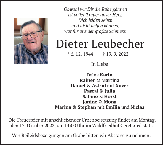 Traueranzeige von Dieter Leubecher von merkurtz