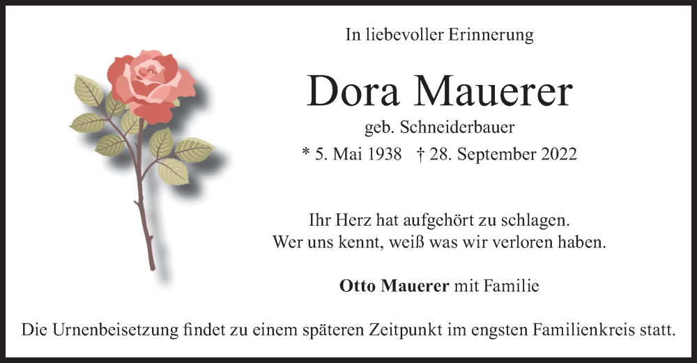  Traueranzeige für Dora Mauerer vom 08.10.2022 aus merkurtz