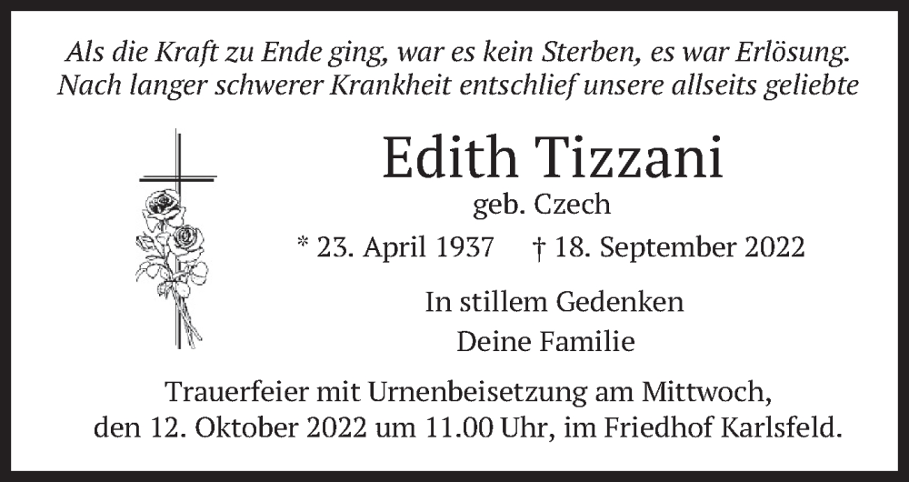  Traueranzeige für Edith Tizzani vom 08.10.2022 aus merkurtz
