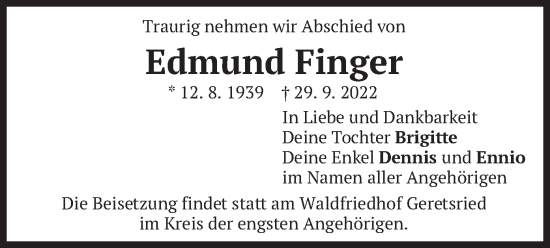 Traueranzeige von Edmund Finger von merkurtz