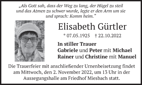 Traueranzeigen von Elisabeth Gürtler | trauer.merkur.de
