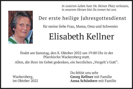 Traueranzeige von Elisabeth Kellner von merkurtz