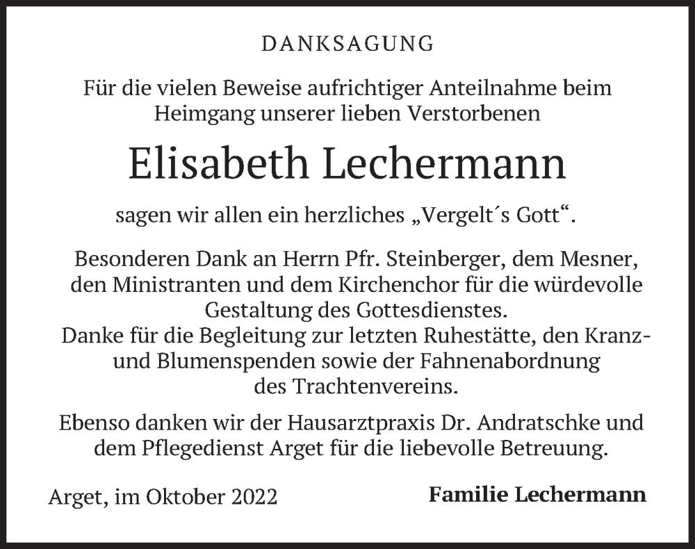  Traueranzeige für Elisabeth Lechermann vom 15.10.2022 aus merkurtz