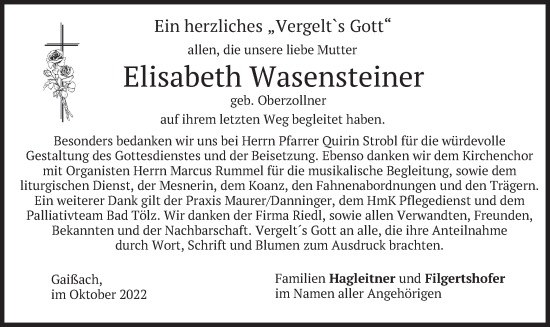 Traueranzeige von Elisabeth Wasensteiner von merkurtz