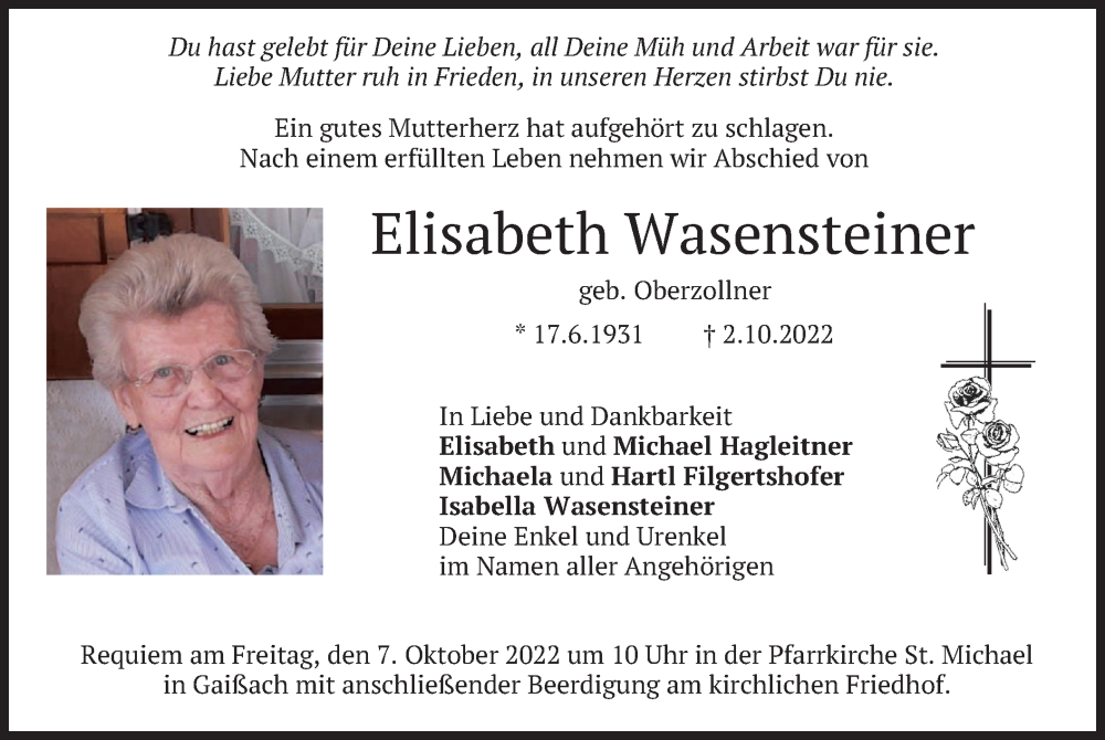  Traueranzeige für Elisabeth Wasensteiner vom 05.10.2022 aus merkurtz