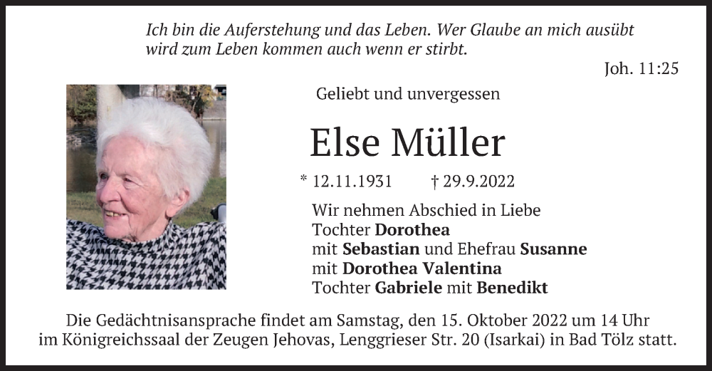  Traueranzeige für Else Müller vom 13.10.2022 aus merkurtz
