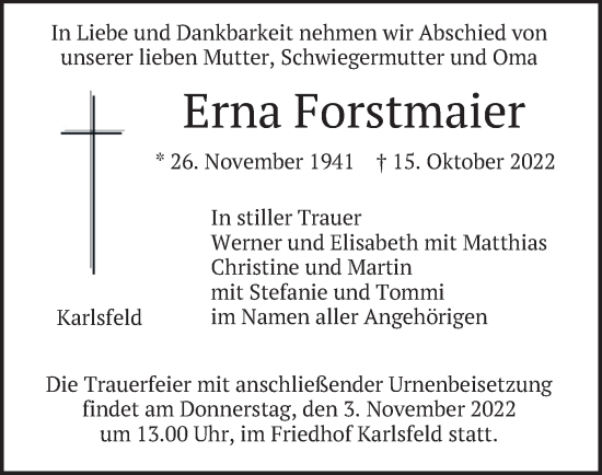 Traueranzeige von Erna Forstmaier von merkurtz