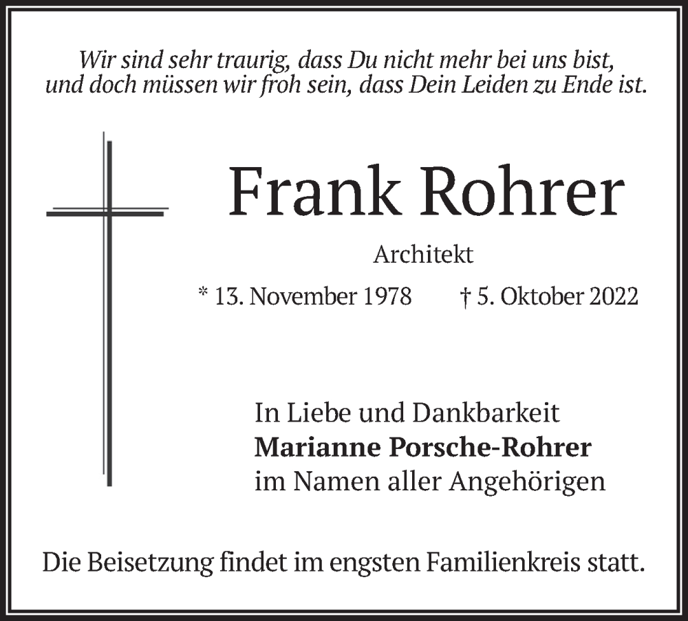  Traueranzeige für Frank Rohrer vom 15.10.2022 aus merkurtz