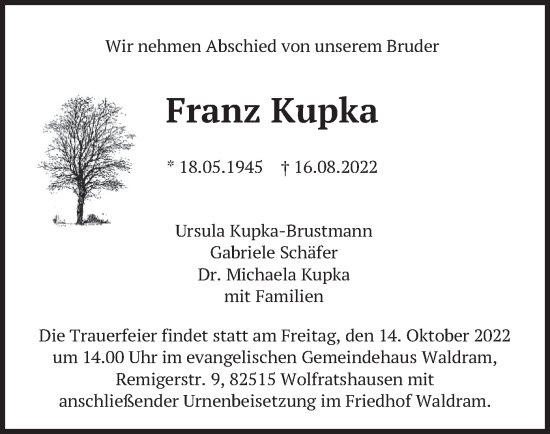 Traueranzeige von Franz Kupka von merkurtz