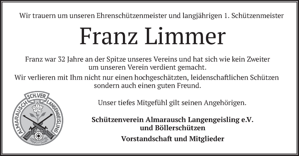  Traueranzeige für Franz Limmer vom 27.10.2022 aus merkurtz