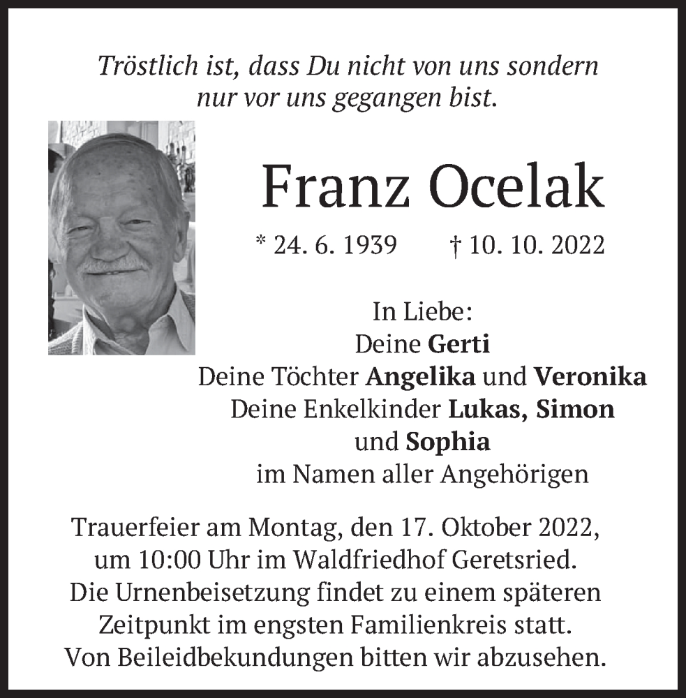 Traueranzeige für Franz Ocelak vom 15.10.2022 aus merkurtz