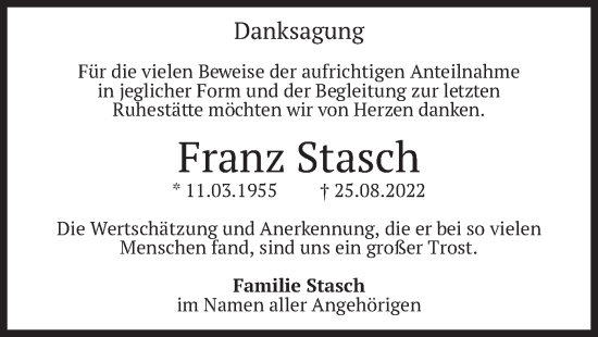 Traueranzeige von Franz Stasch von merkurtz