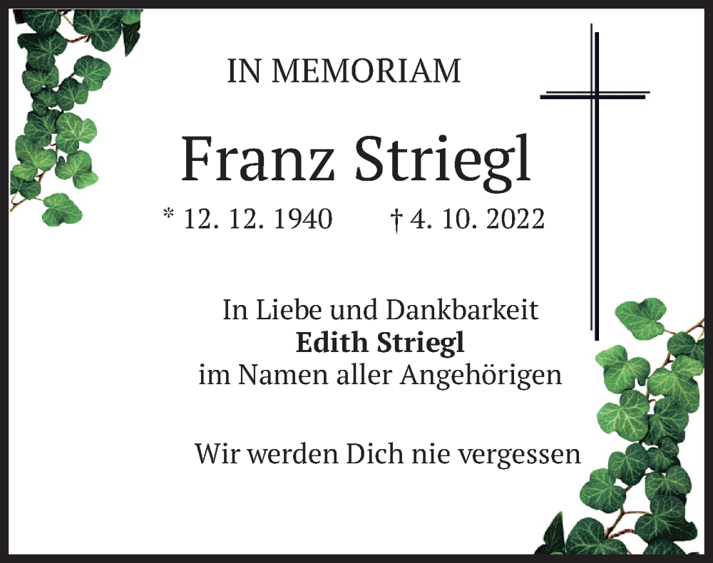  Traueranzeige für Franz Striegl vom 15.10.2022 aus merkurtz