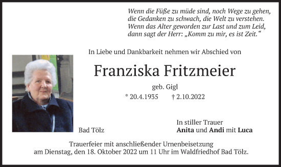 Traueranzeige von Franziska Fritzmeier von merkurtz