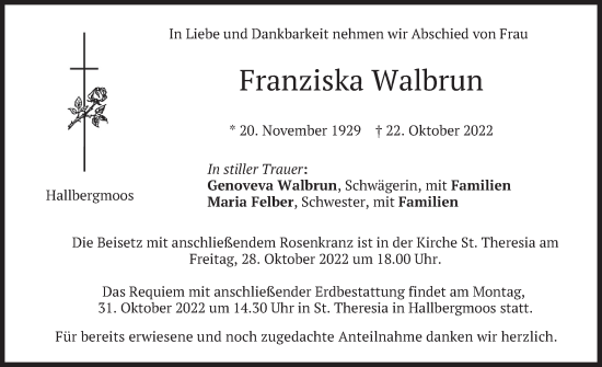 Traueranzeige von Franziska Walbrun von merkurtz