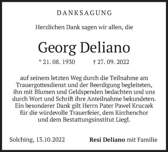Traueranzeige von Georg Deliano von merkurtz