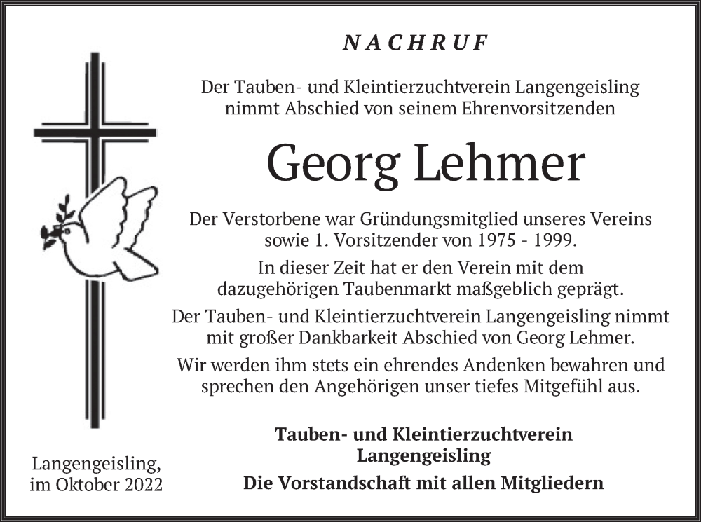  Traueranzeige für Georg Lehmer vom 08.10.2022 aus merkurtz