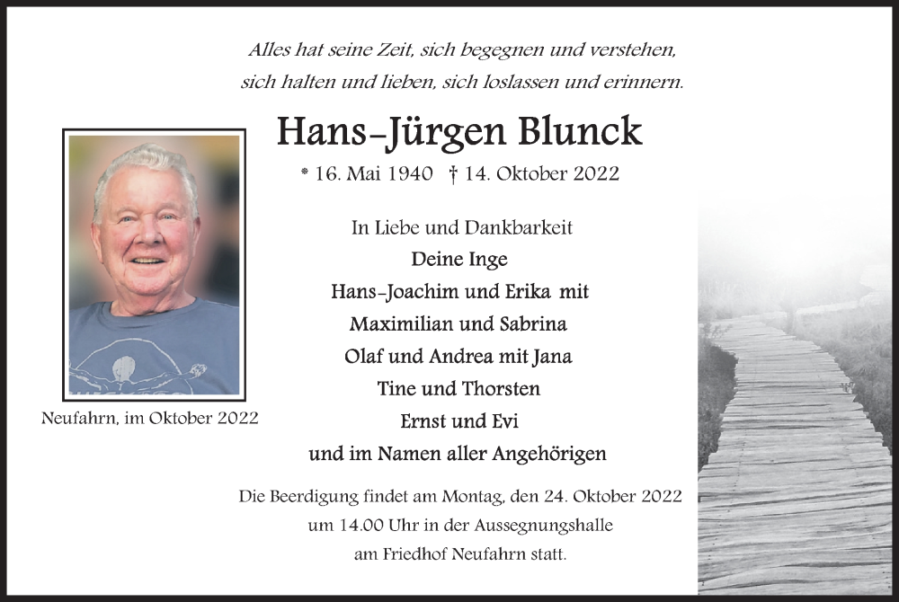  Traueranzeige für Hans-Jürgen Blunck vom 22.10.2022 aus merkurtz