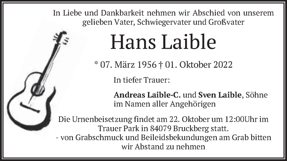  Traueranzeige für Hans Laible vom 14.10.2022 aus merkurtz