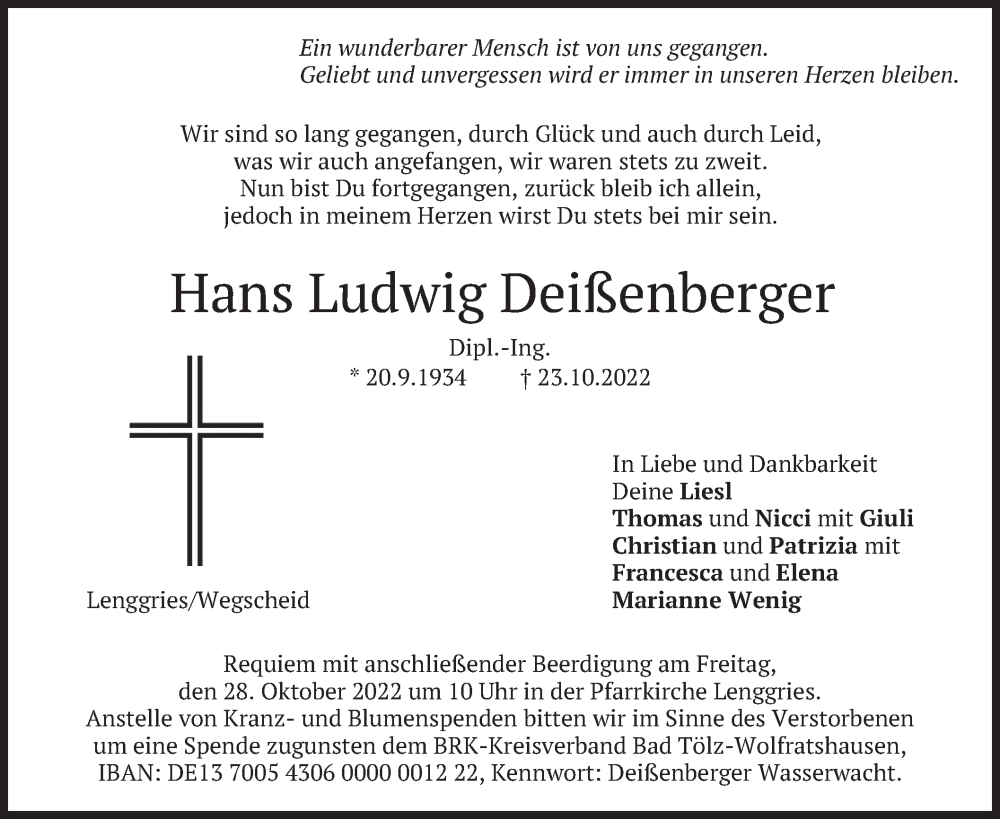  Traueranzeige für Hans Ludwig Deißenberger vom 26.10.2022 aus merkurtz