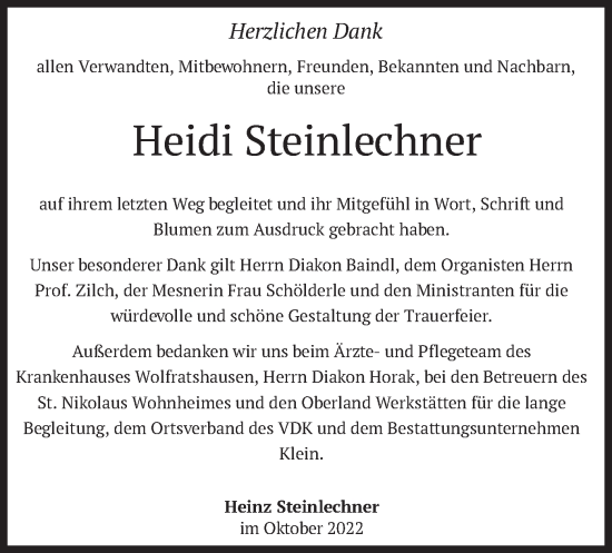 Traueranzeige von Heidi Steinlechner von merkurtz