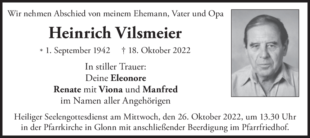  Traueranzeige für Heinrich Vilsmeier vom 22.10.2022 aus merkurtz