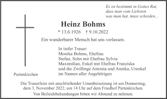 Traueranzeige von Heinz Bohms von merkurtz