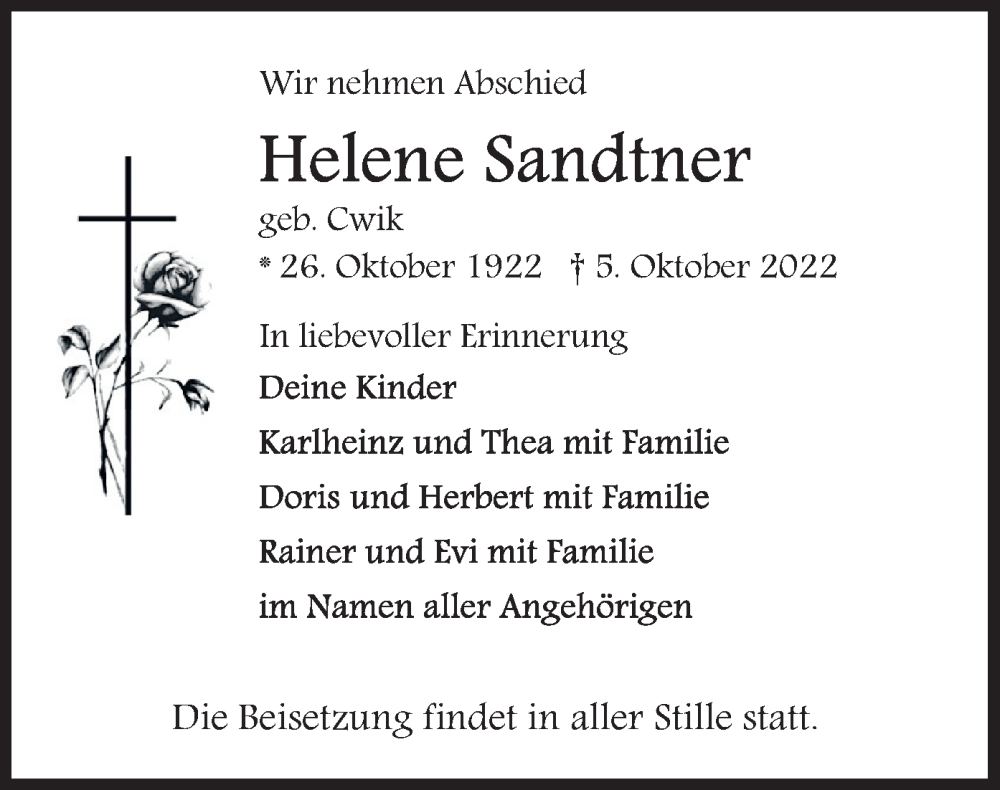  Traueranzeige für Helene Sandtner vom 08.10.2022 aus merkurtz