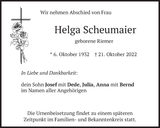 Traueranzeige von Helga Scheumaier von merkurtz