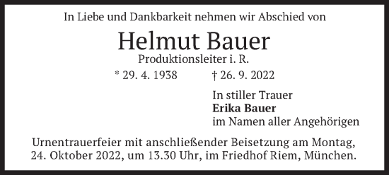 Traueranzeige von Helmut Bauer von merkurtz