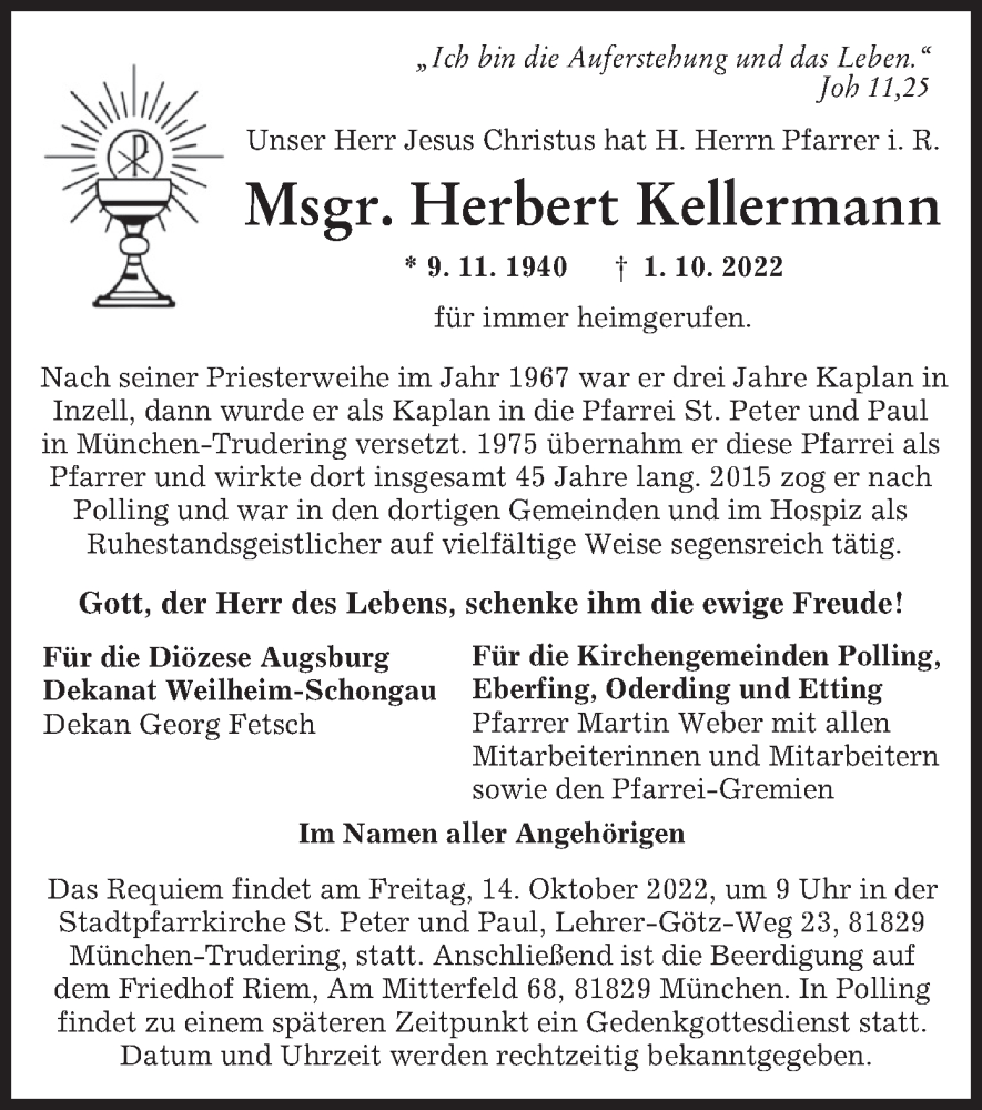  Traueranzeige für Herbert Kellermann vom 08.10.2022 aus merkurtz