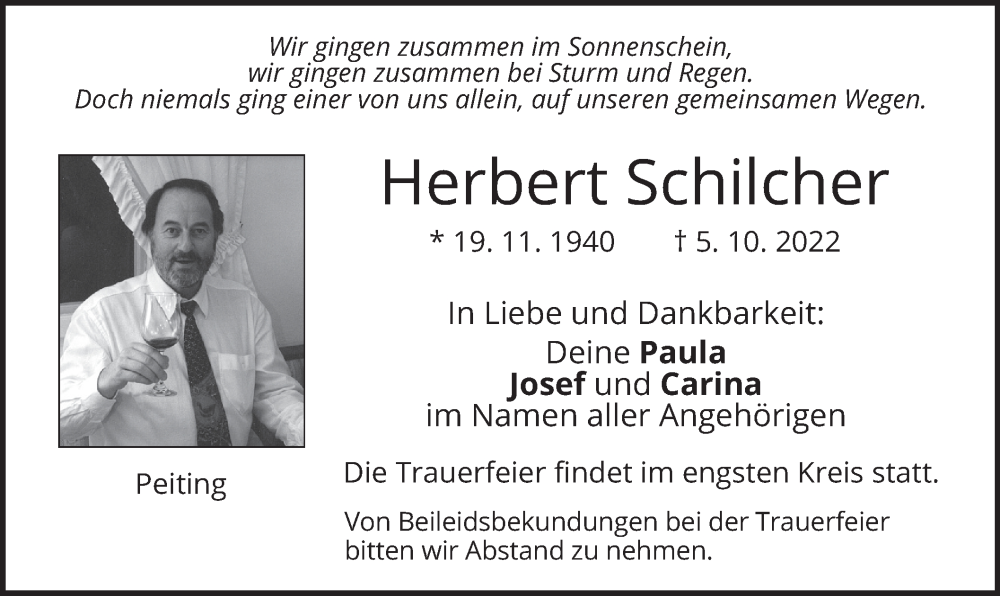  Traueranzeige für Herbert Schilcher vom 12.10.2022 aus merkurtz