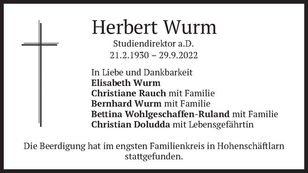  Traueranzeige für Herbert Wurm vom 08.10.2022 aus merkurtz