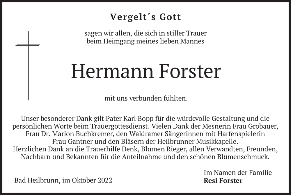  Traueranzeige für Hermann Forster vom 15.10.2022 aus merkurtz