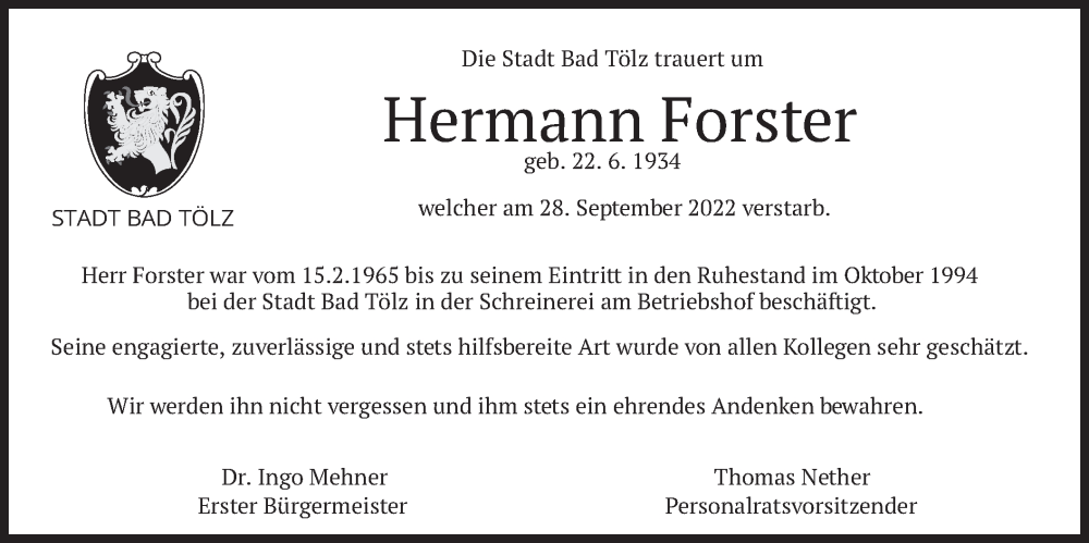  Traueranzeige für Hermann Forster vom 08.10.2022 aus merkurtz
