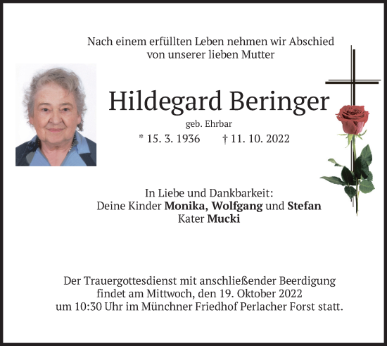 Traueranzeige von Hildegard Beringer von merkurtz