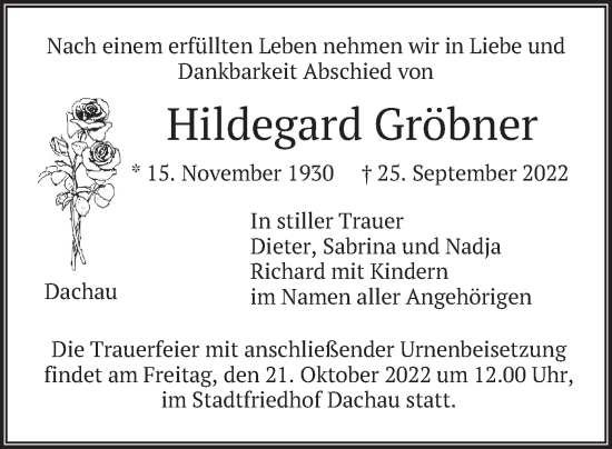 Traueranzeige von Hildegard Gröbner von merkurtz
