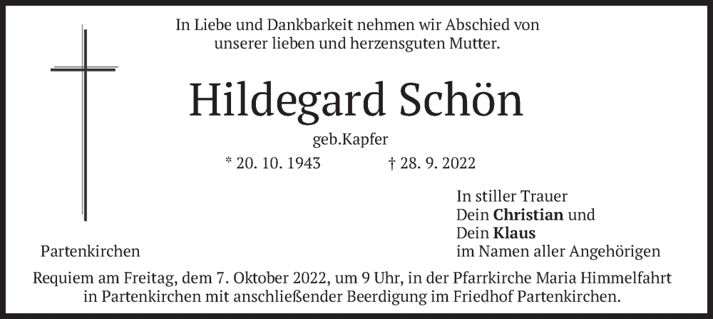 Traueranzeige für Hildegard Schön vom 05.10.2022 aus merkurtz