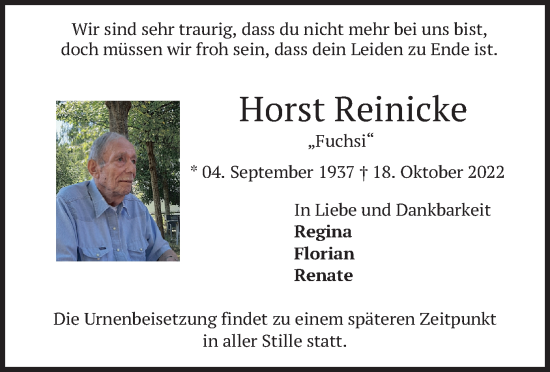 Traueranzeige von Horst Reinicke von merkurtz