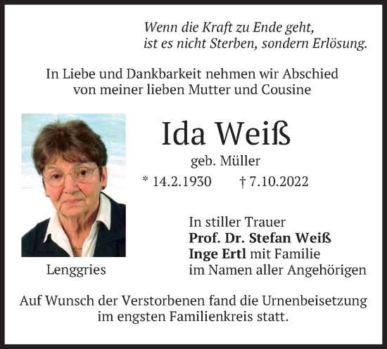 Traueranzeige von Ida Weiß von merkurtz