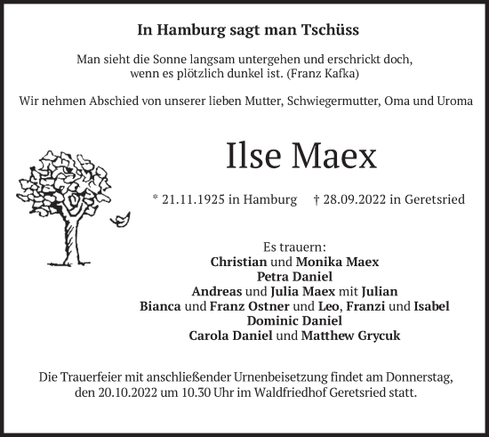 Traueranzeige von Ilse Maex von merkurtz