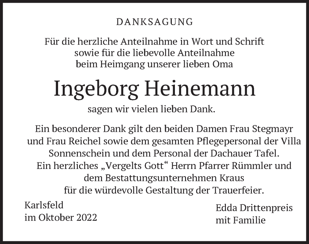  Traueranzeige für Ingeborg Heinemann vom 22.10.2022 aus merkurtz