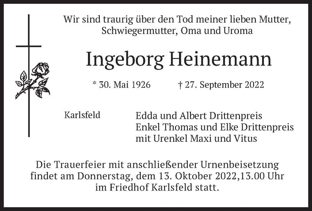  Traueranzeige für Ingeborg Heinemann vom 08.10.2022 aus merkurtz
