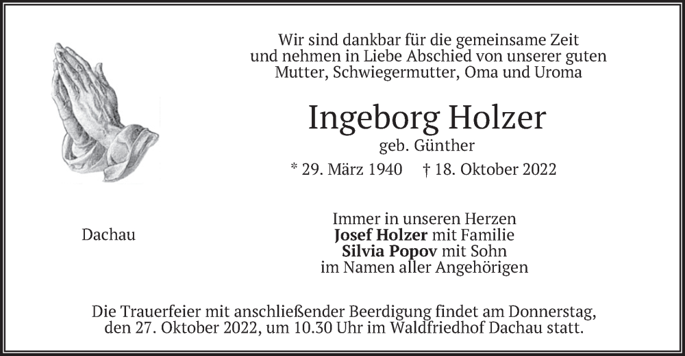  Traueranzeige für Ingeborg Holzer vom 22.10.2022 aus merkurtz