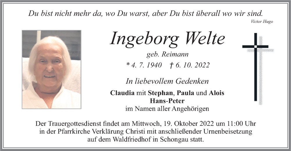  Traueranzeige für Ingeborg Welte vom 15.10.2022 aus merkurtz