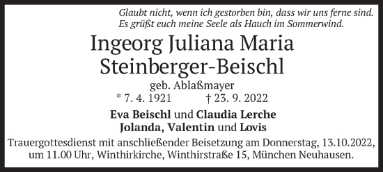 Traueranzeige von Ingeorg Juliana Maria Steinberger-Beischl von merkurtz